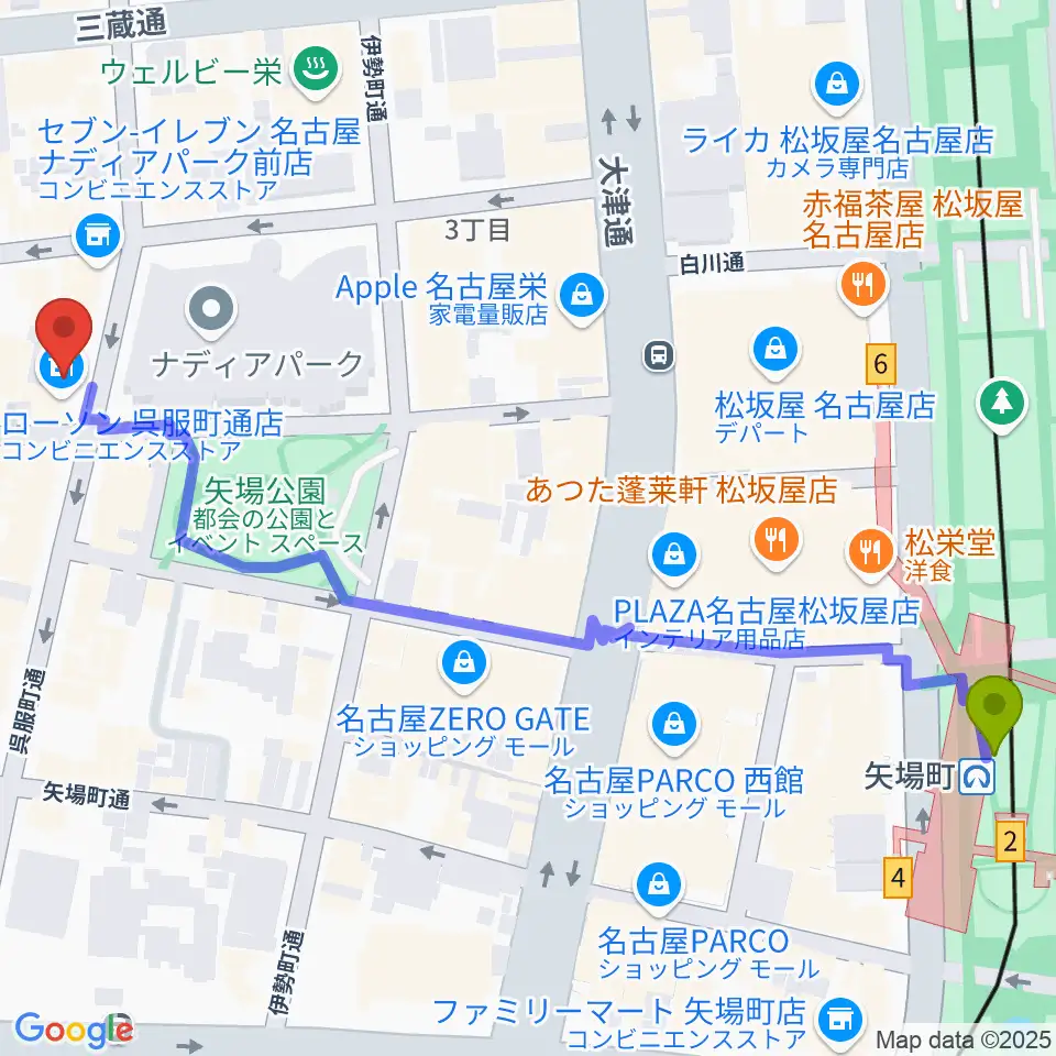 名古屋スクールオブミュージック&ダンス専門学校の最寄駅矢場町駅からの徒歩ルート（約7分）地図