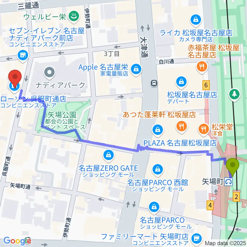名古屋スクールオブミュージック&ダンス専門学校の最寄駅矢場町駅からの徒歩ルート（約7分）地図