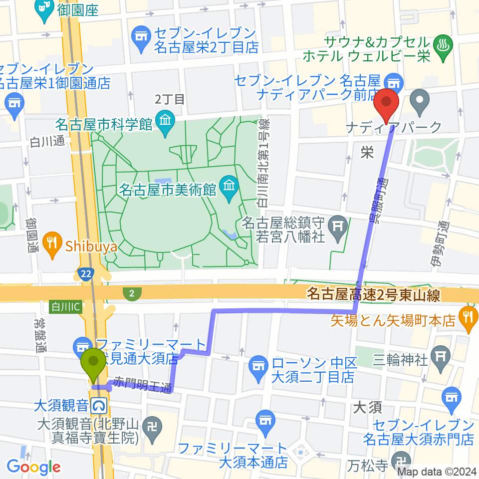 大須観音駅から名古屋スクールオブミュージック&ダンス専門学校へのルートマップ地図