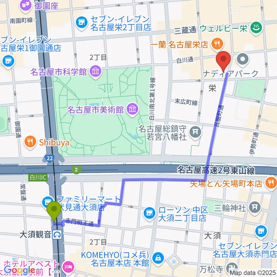 大須観音駅から名古屋スクールオブミュージック&ダンス専門学校へのルートマップ地図