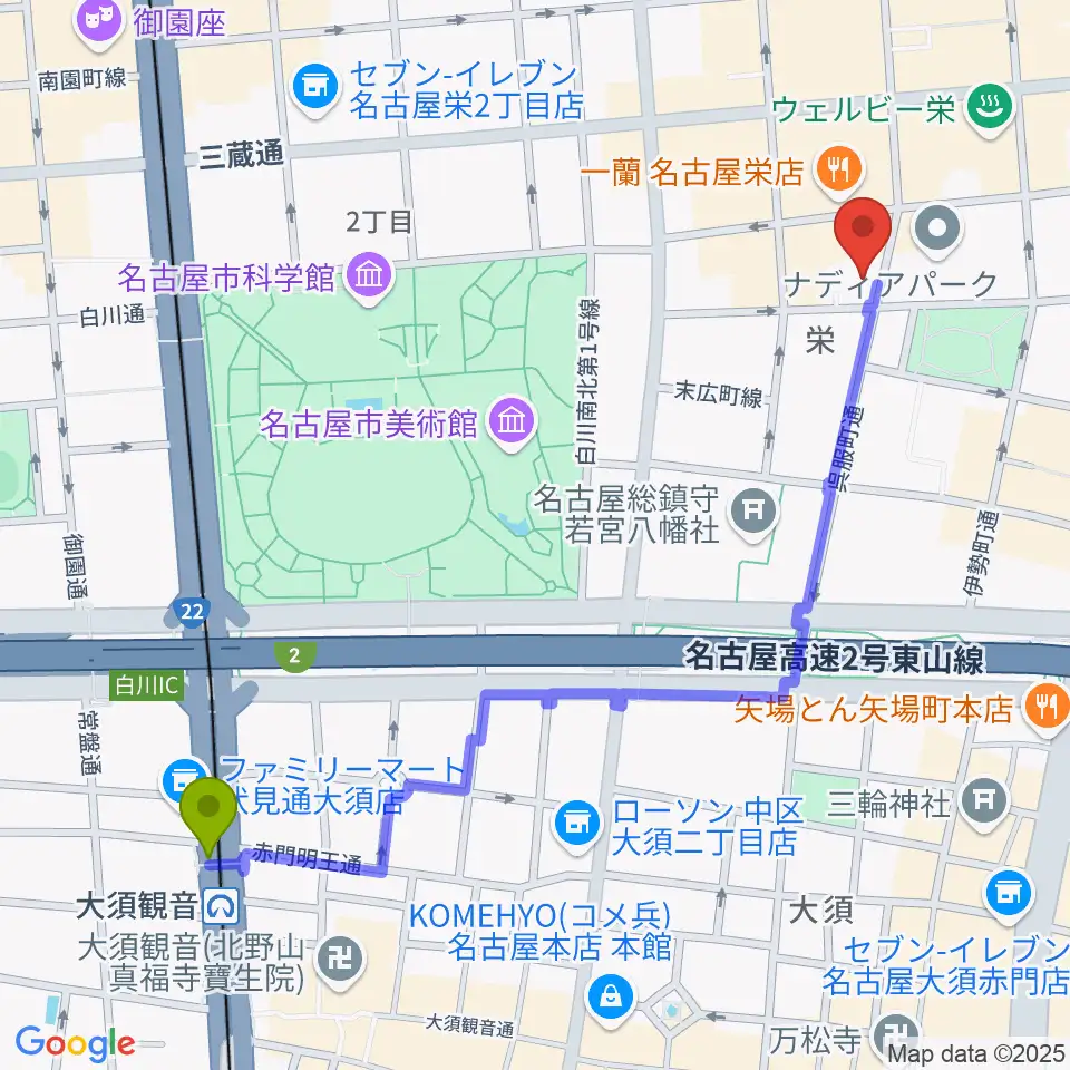 大須観音駅から名古屋スクールオブミュージック&ダンス専門学校へのルートマップ地図