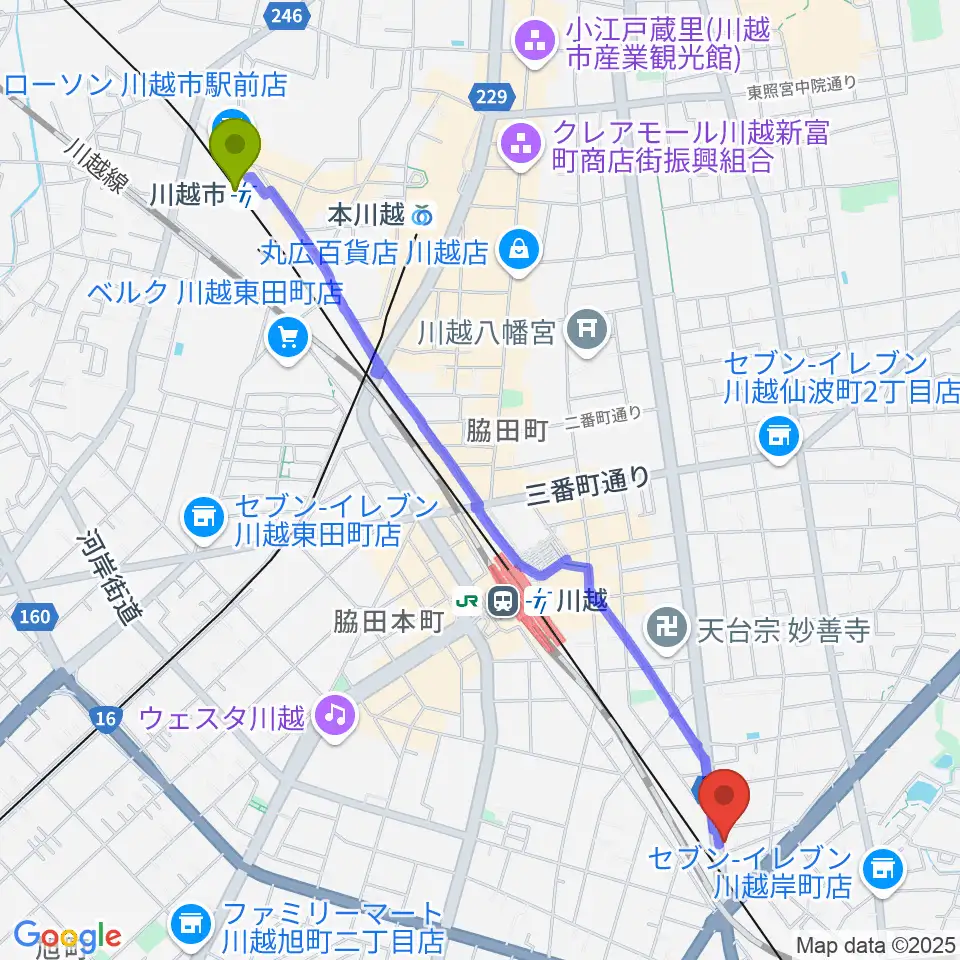 川越市駅から東京国際音楽療法専門学院へのルートマップ地図