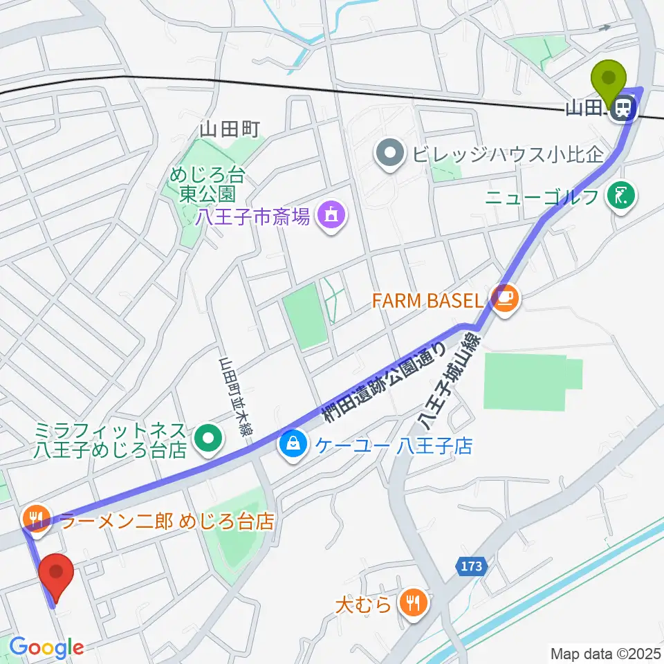 山田駅から音楽空間ピアチェーレへのルートマップ地図