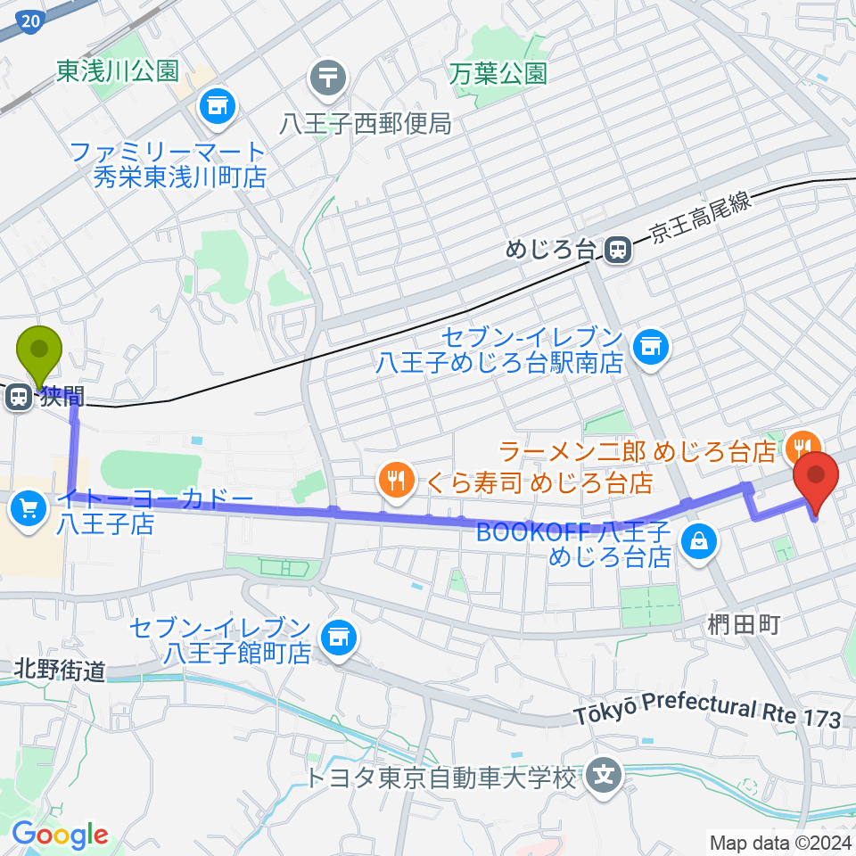 狭間駅から音楽空間ピアチェーレへのルートマップ地図