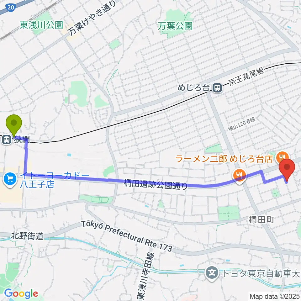狭間駅から音楽空間ピアチェーレへのルートマップ地図