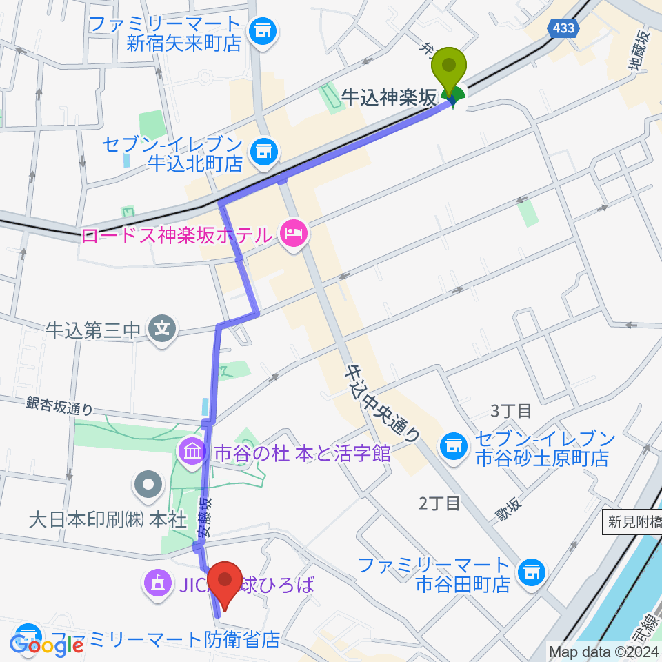 牛込神楽坂駅から麗扇会日本文化学院へのルートマップ地図