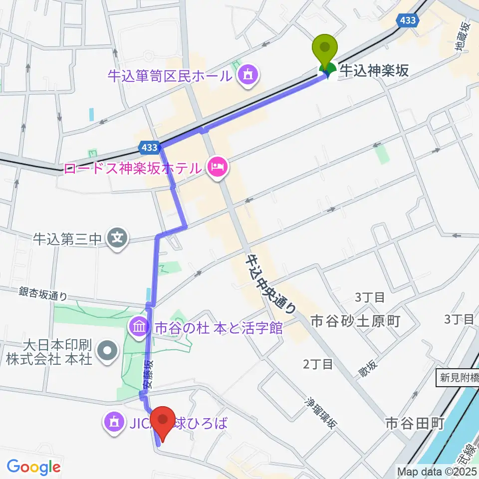 牛込神楽坂駅から麗扇会日本文化学院へのルートマップ地図