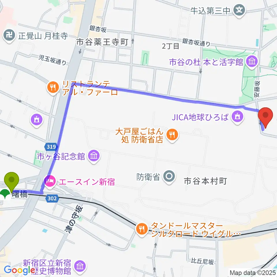 曙橋駅から麗扇会日本文化学院へのルートマップ地図