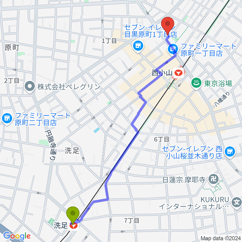 洗足駅から ミュージック＆ダンススタジオルーツへのルートマップ地図