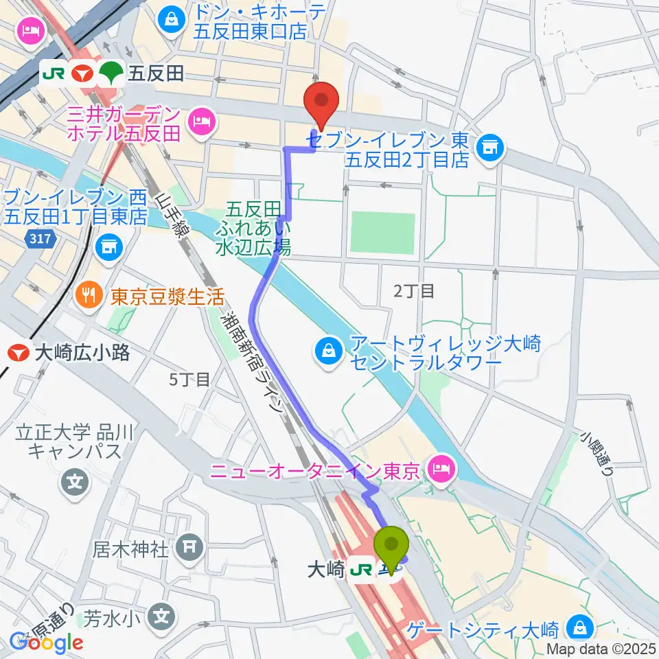 大崎駅から山口綾規スタジオへのルートマップ地図