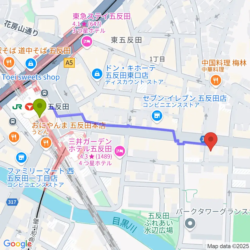 山口綾規スタジオの最寄駅五反田駅からの徒歩ルート（約5分）地図