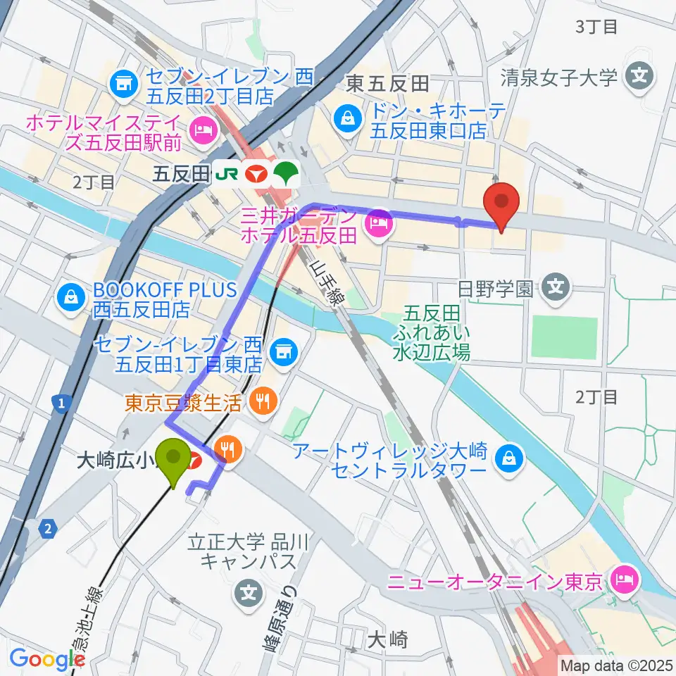 大崎広小路駅から山口綾規スタジオへのルートマップ地図