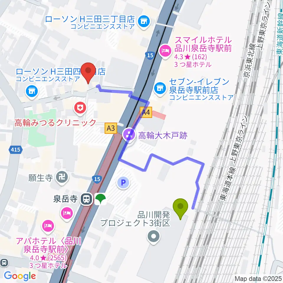 高輪ゲートウェイ駅からサンピアノ音楽教室へのルートマップ地図