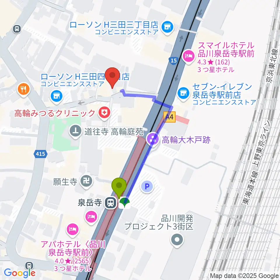 サンピアノ音楽教室の最寄駅泉岳寺駅からの徒歩ルート（約3分）地図