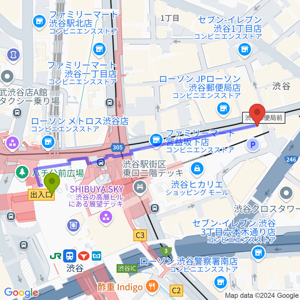 東京スクールオブミュージック専門学校渋谷の最寄駅渋谷駅からの徒歩ルート（約6分）地図