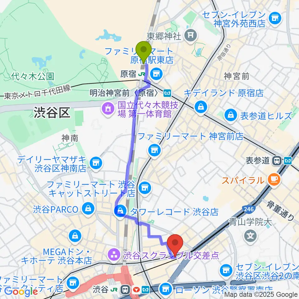 原宿駅から東京スクールオブミュージック専門学校渋谷へのルートマップ地図