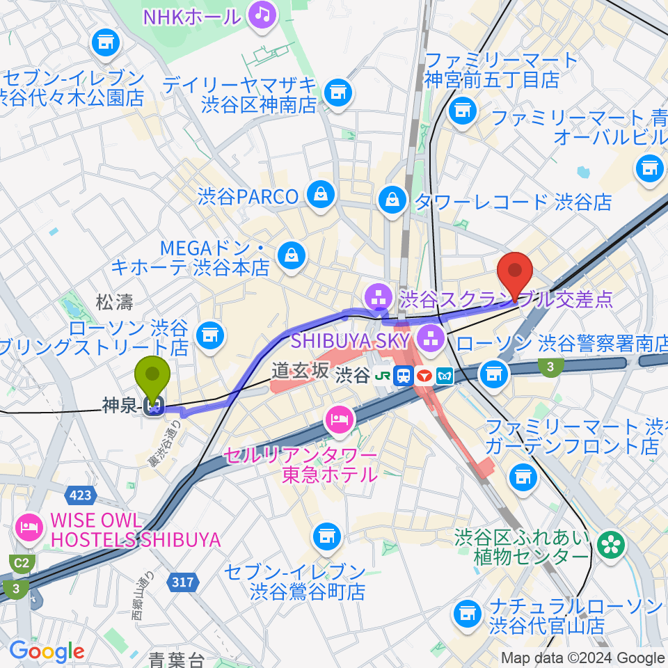 神泉駅から東京スクールオブミュージック専門学校渋谷へのルートマップ地図