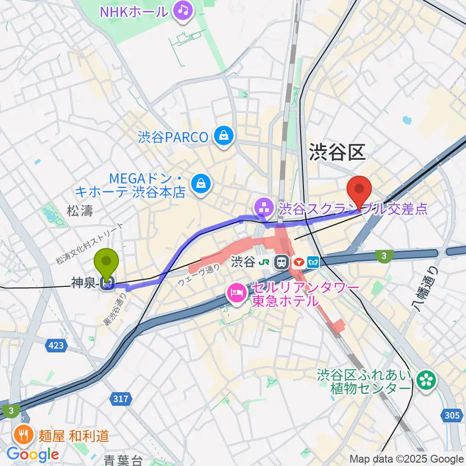 神泉駅から東京スクールオブミュージック専門学校渋谷へのルートマップ地図