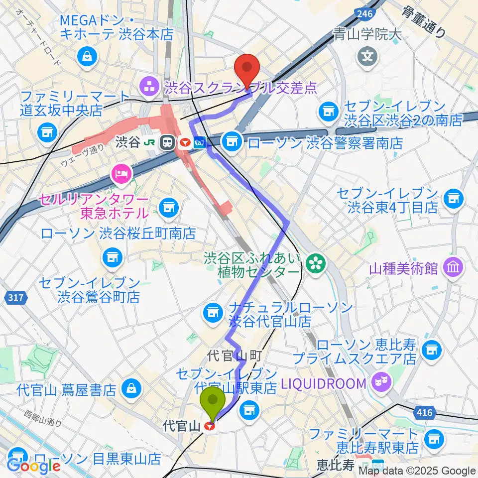 代官山駅から東京スクールオブミュージック専門学校渋谷へのルートマップ地図