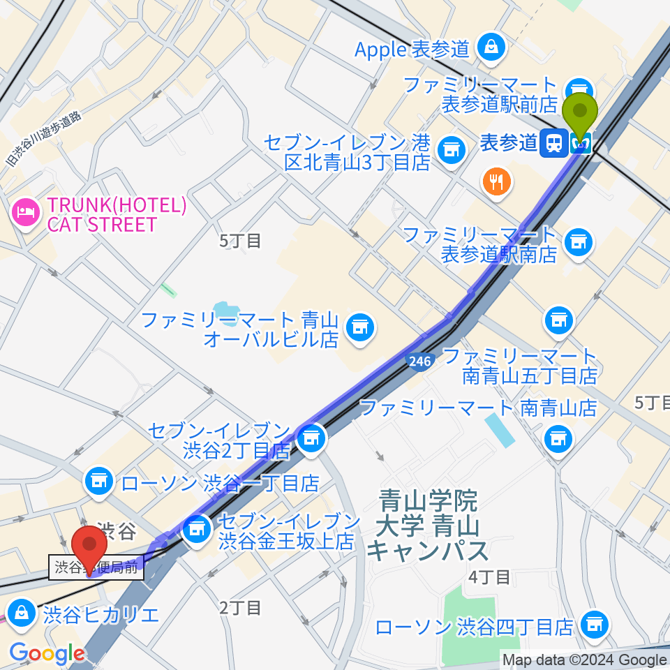 表参道駅から東京スクールオブミュージック専門学校渋谷へのルートマップ地図