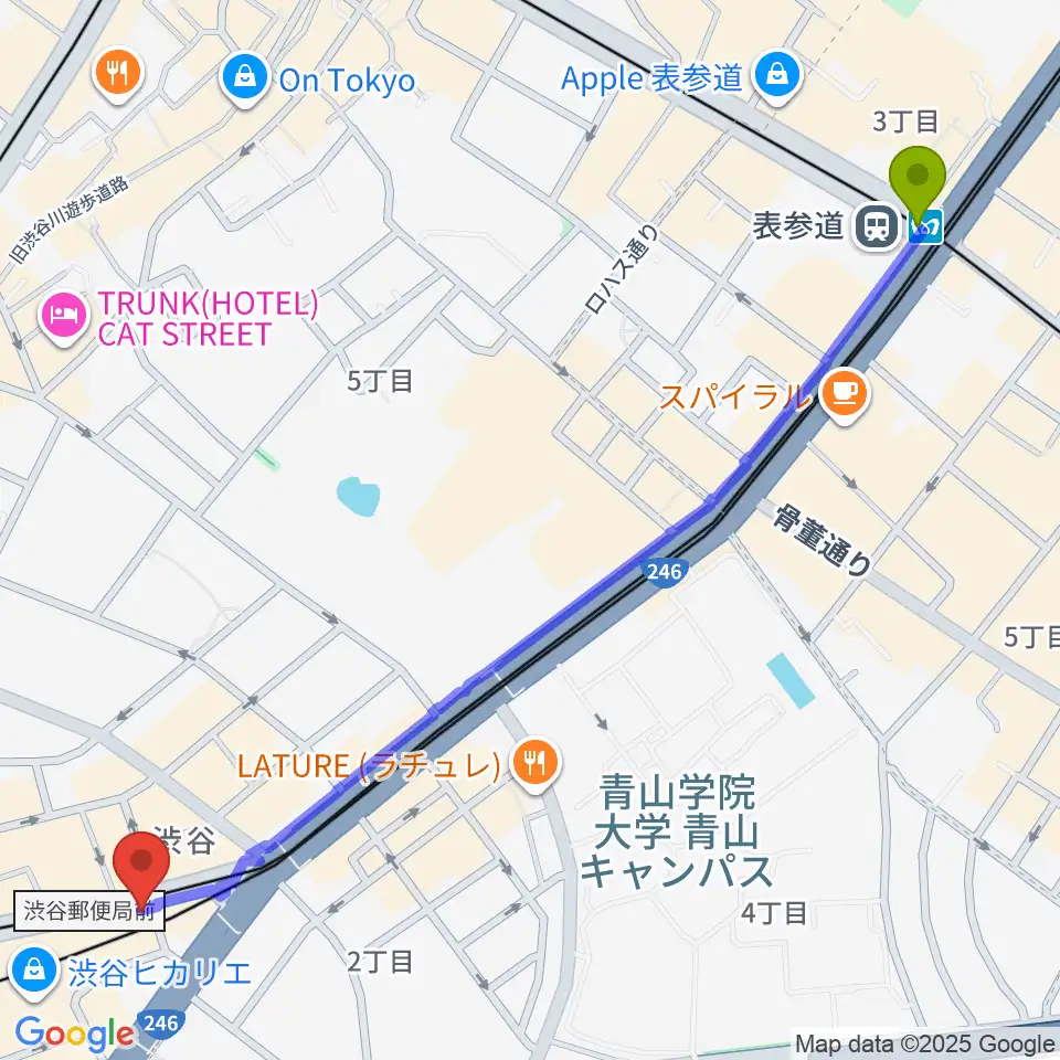表参道駅から東京スクールオブミュージック専門学校渋谷へのルートマップ地図
