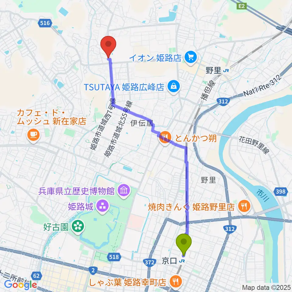 京口駅からしらさぎ音楽学院へのルートマップ地図