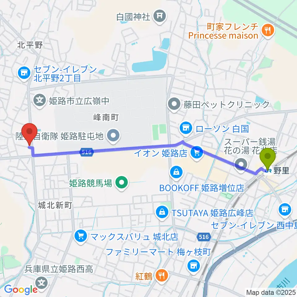 しらさぎ音楽学院の最寄駅野里駅からの徒歩ルート（約25分）地図