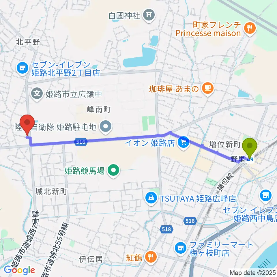 しらさぎ音楽学院の最寄駅野里駅からの徒歩ルート（約25分）地図