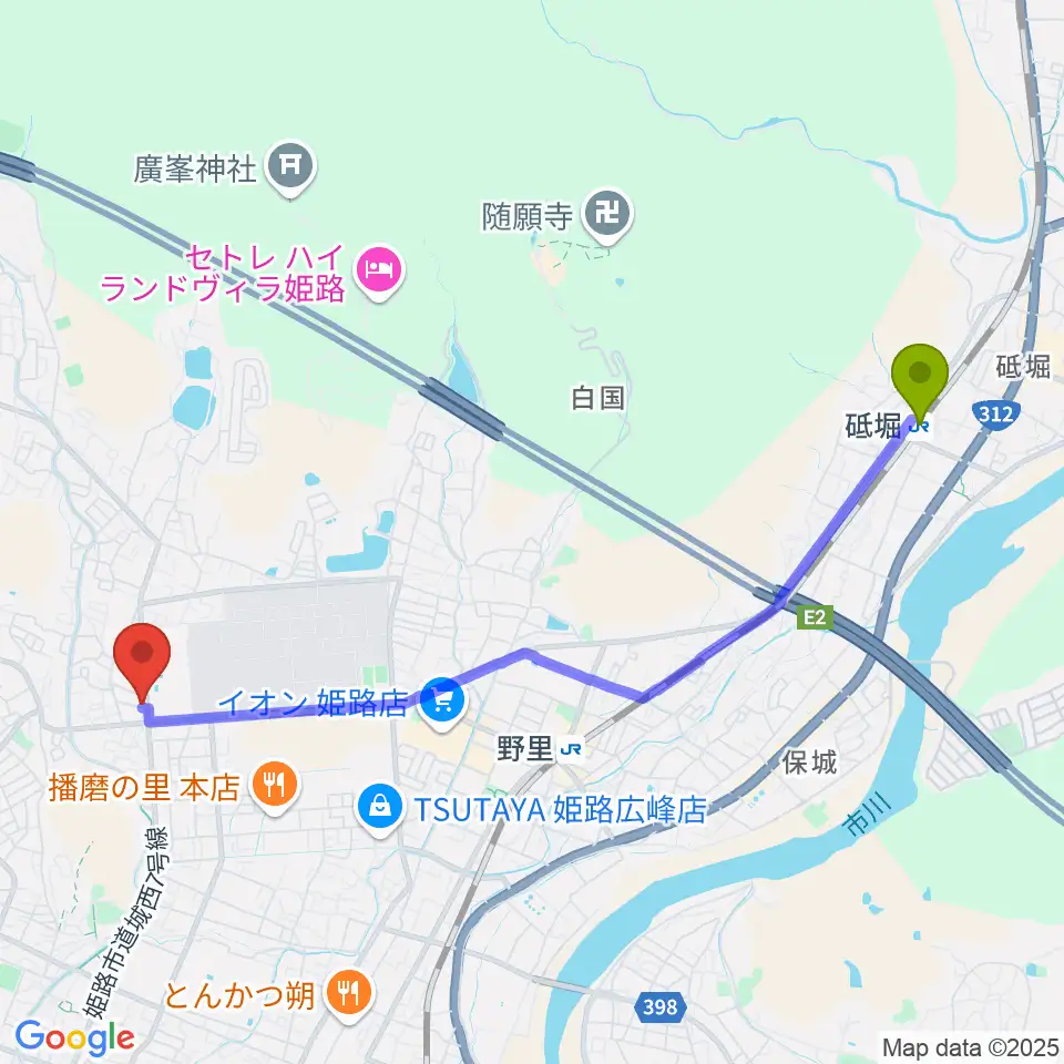 砥堀駅からしらさぎ音楽学院へのルートマップ地図
