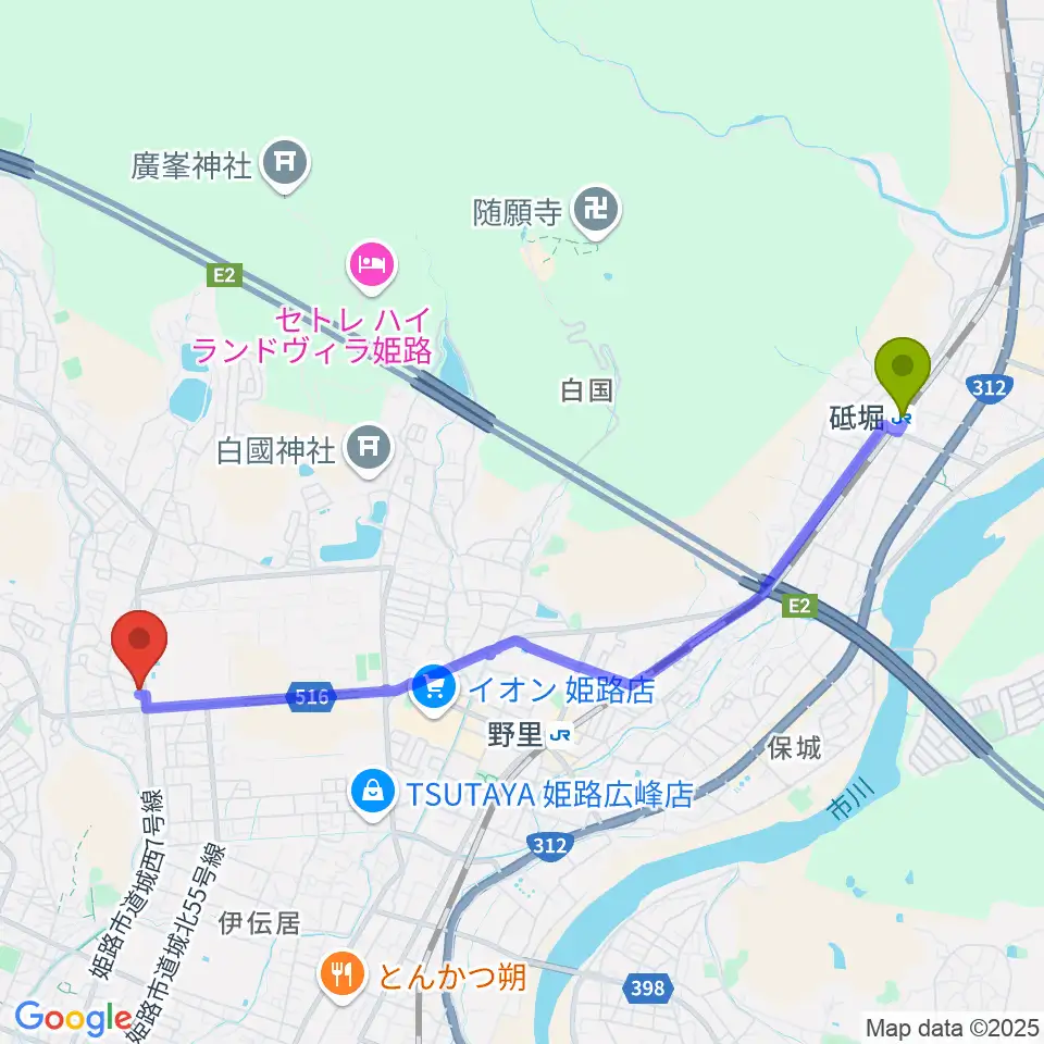 砥堀駅からしらさぎ音楽学院へのルートマップ地図