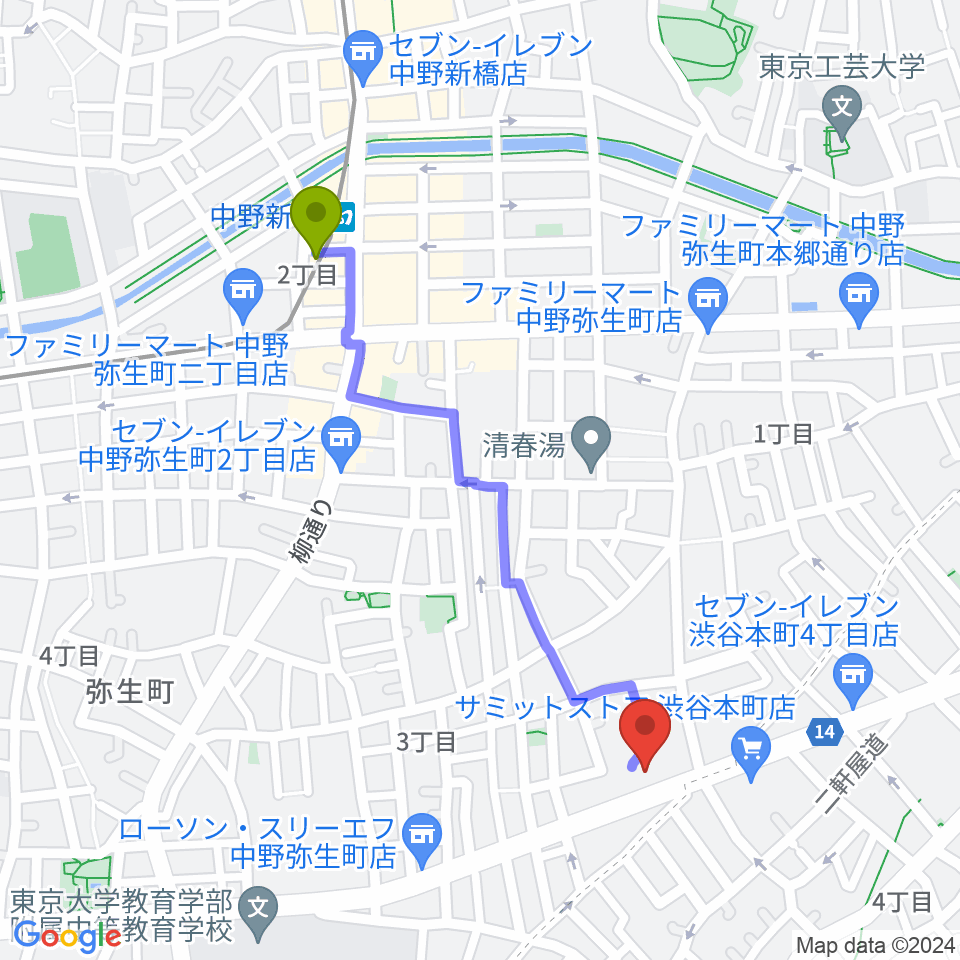 専門学校東京アナウンス学院の最寄駅中野新橋駅からの徒歩ルート（約10分）地図