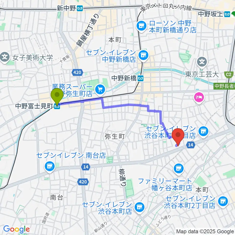 中野富士見町駅から専門学校東京アナウンス学院へのルートマップ地図