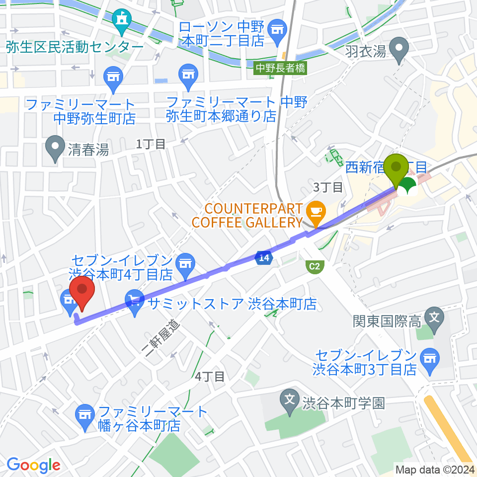 西新宿五丁目駅から専門学校東京アナウンス学院へのルートマップ地図