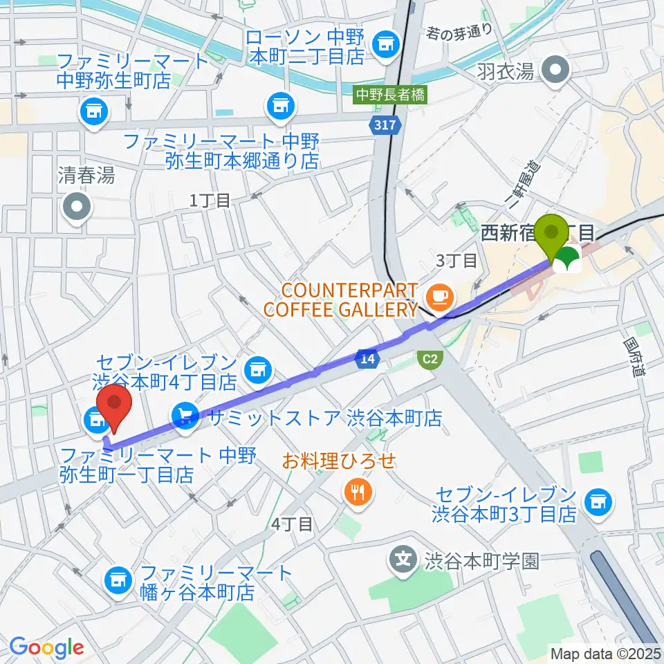 西新宿五丁目駅から専門学校東京アナウンス学院へのルートマップ地図