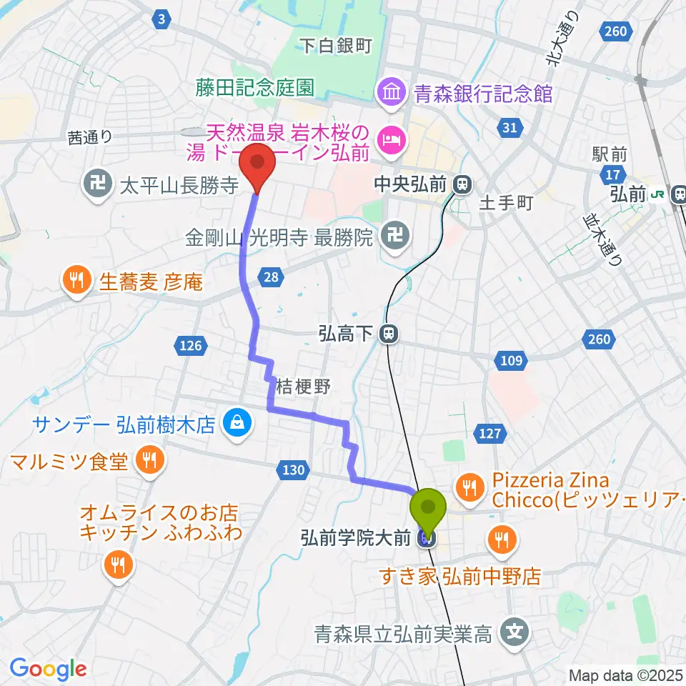 弘前学院大前駅から多田あつし津軽三味線教室へのルートマップ地図