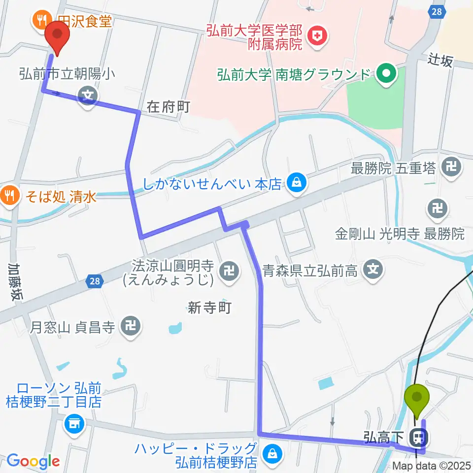 多田あつし津軽三味線教室の最寄駅弘高下駅からの徒歩ルート（約16分）地図