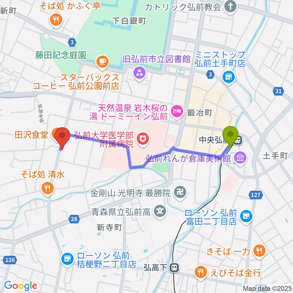 中央弘前駅から多田あつし津軽三味線教室へのルートマップ地図
