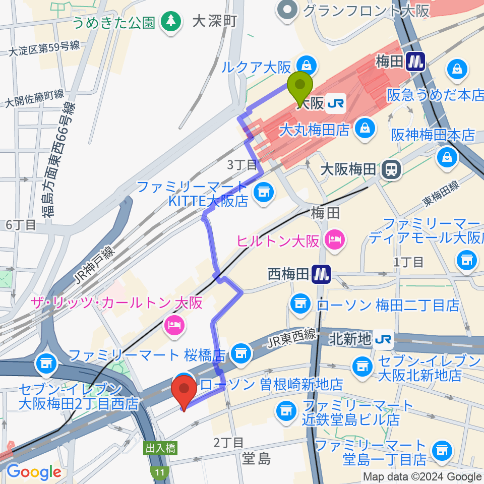 大阪駅からビジュアルアーツ専門学校 大阪へのルートマップ地図