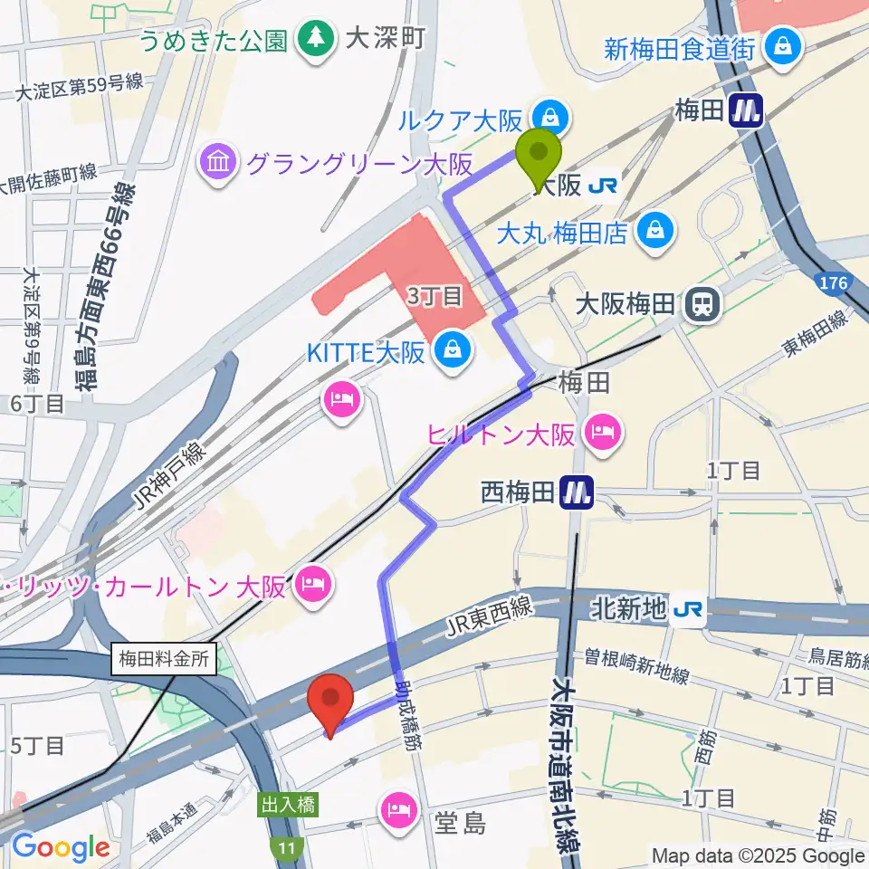 大阪駅からビジュアルアーツ専門学校 大阪へのルートマップ地図
