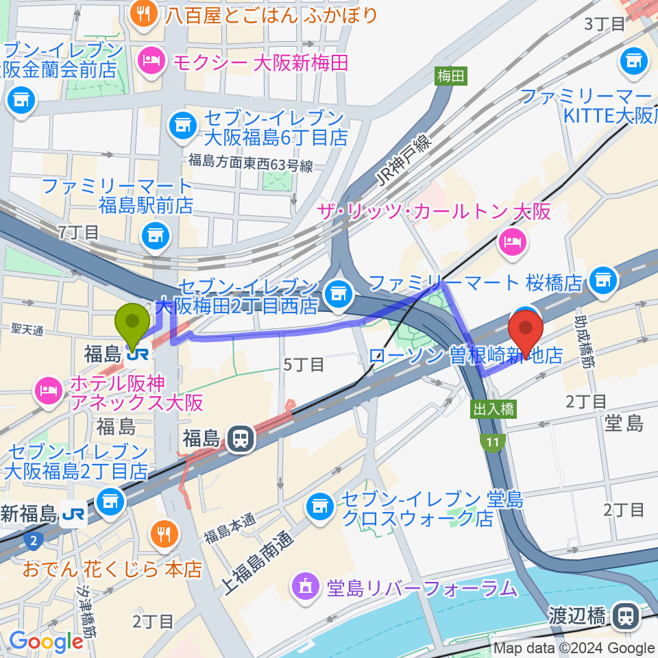 福島駅からビジュアルアーツ専門学校 大阪へのルートマップ地図