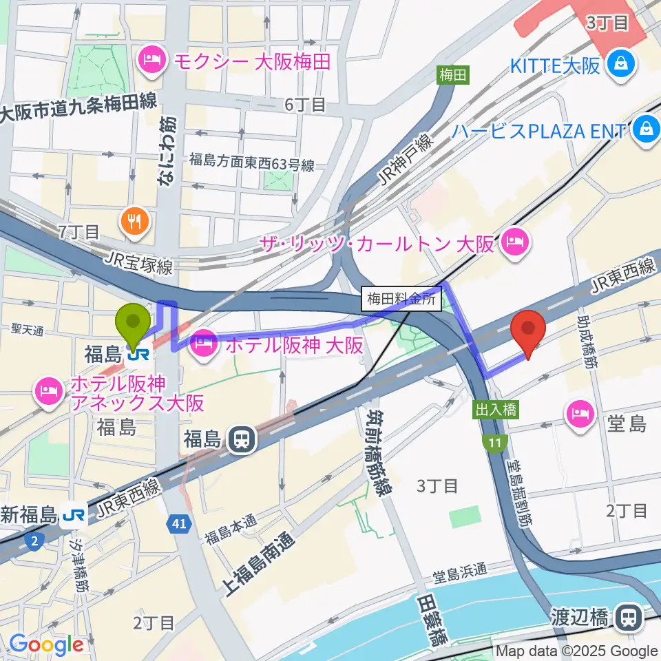 福島駅からビジュアルアーツ専門学校 大阪へのルートマップ地図