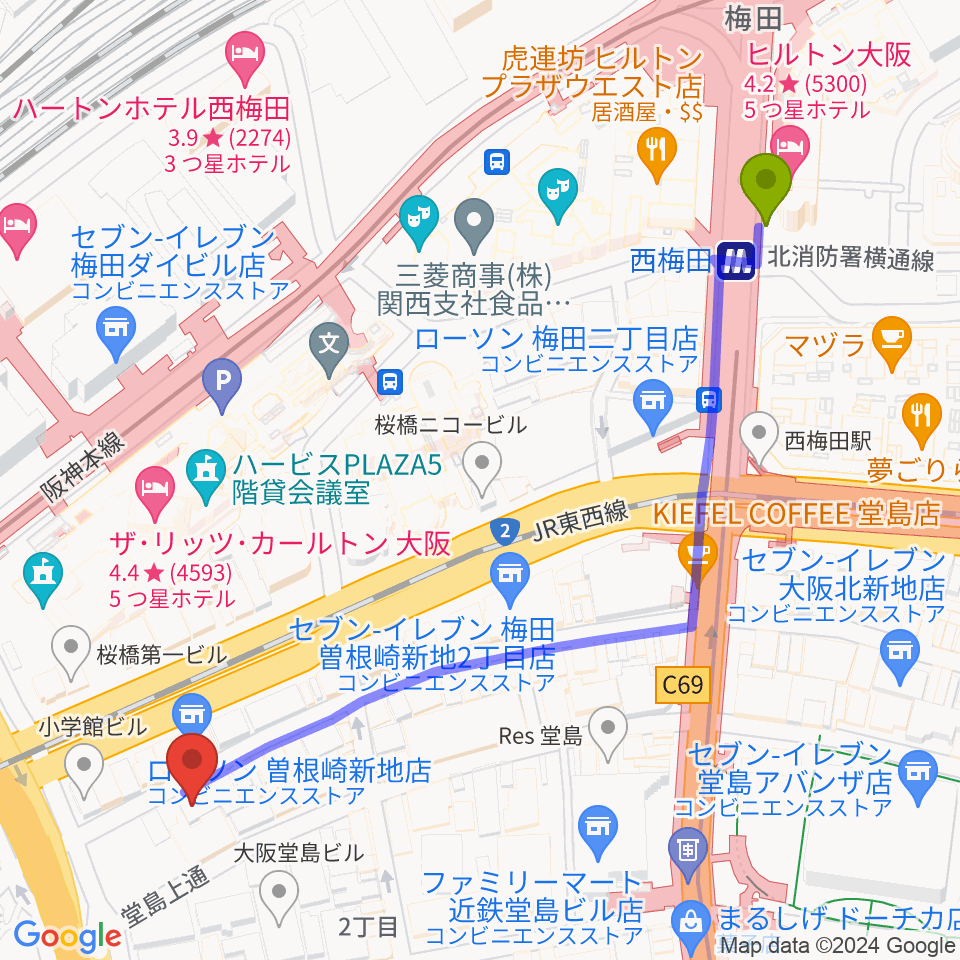 西梅田駅からビジュアルアーツ専門学校 大阪へのルートマップ Mdata