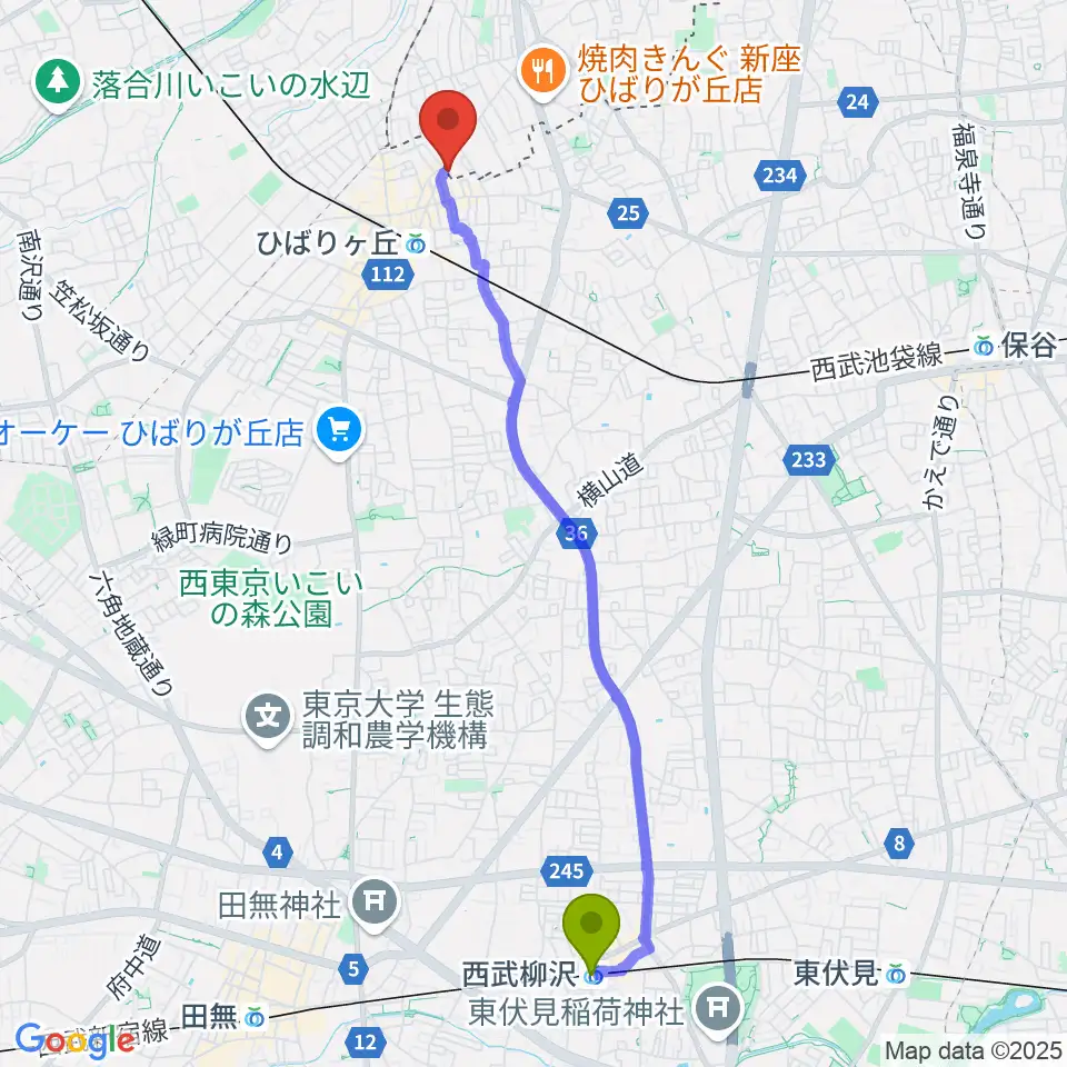 西武柳沢駅からヤマノミュージックセンターひばりが丘へのルートマップ地図