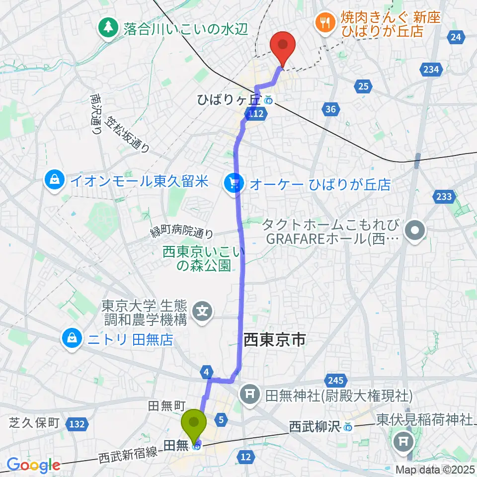 田無駅からヤマノミュージックセンターひばりが丘へのルートマップ地図