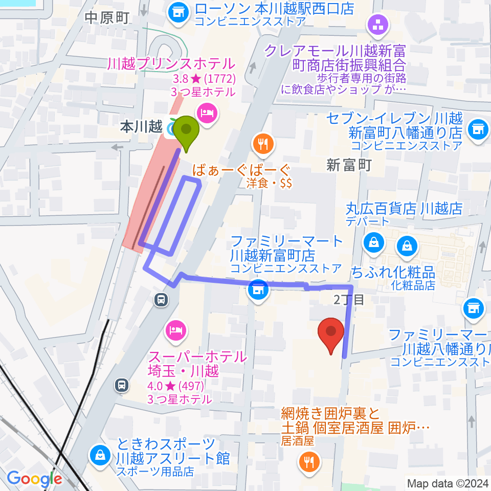 ヤマノミュージックサロン川越の最寄駅本川越駅からの徒歩ルート（約4分）地図