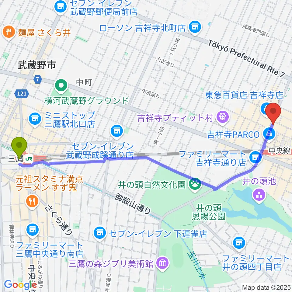 三鷹駅からヤマノミュージックサロン吉祥寺へのルートマップ地図