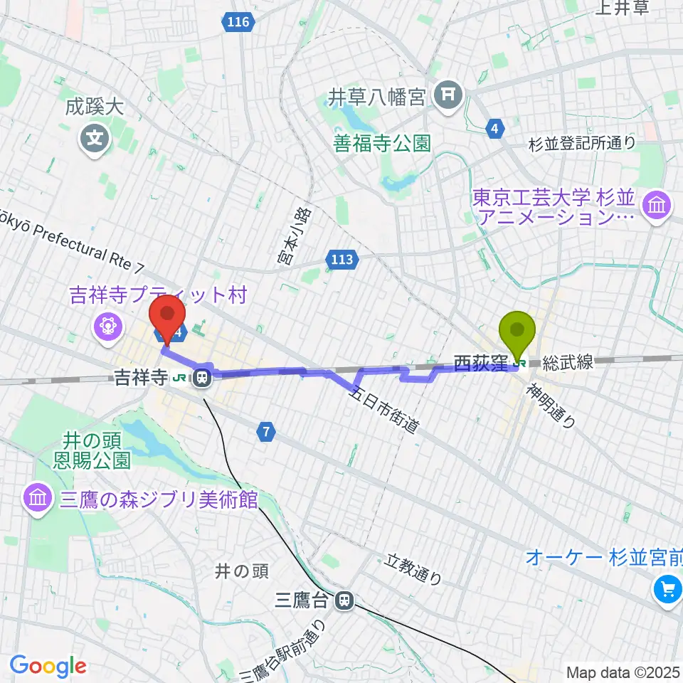 西荻窪駅からヤマノミュージックサロン吉祥寺へのルートマップ地図