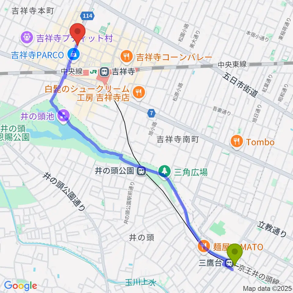 三鷹台駅からヤマノミュージックサロン吉祥寺へのルートマップ地図
