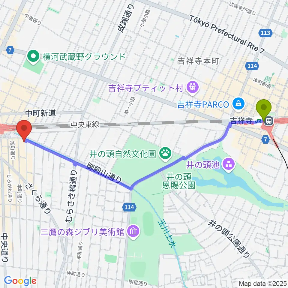 吉祥寺駅からヤマノミュージックセンター三鷹へのルートマップ地図