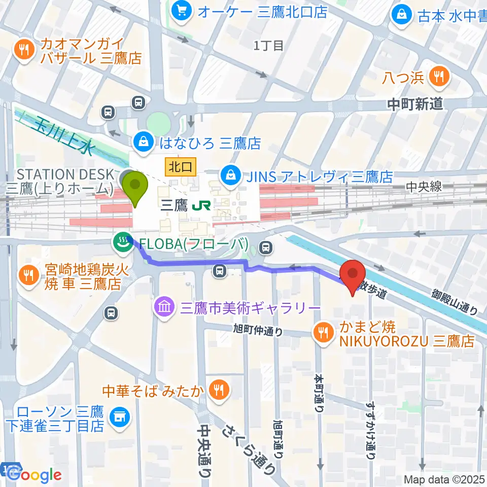 ヤマノミュージックセンター三鷹の最寄駅三鷹駅からの徒歩ルート（約4分）地図